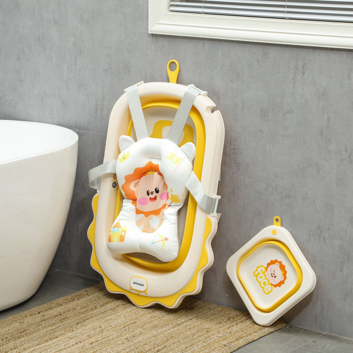 Set of 3 baby bathtubs, foldable baby bathtub with lion patterns, non-slip baby bathtub with bath cushion, bath basin, shower tray for toddlers 0-3 years, yellow