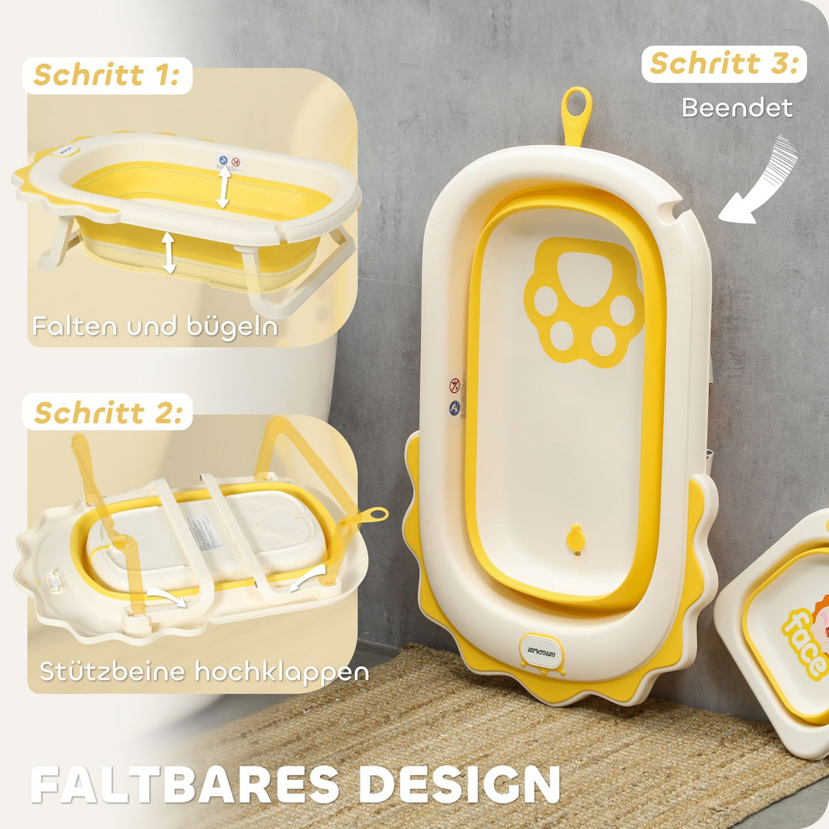 Set of 3 baby bathtubs, foldable baby bathtub with lion patterns, non-slip baby bathtub with bath cushion, bath basin, shower tray for toddlers 0-3 years, yellow
