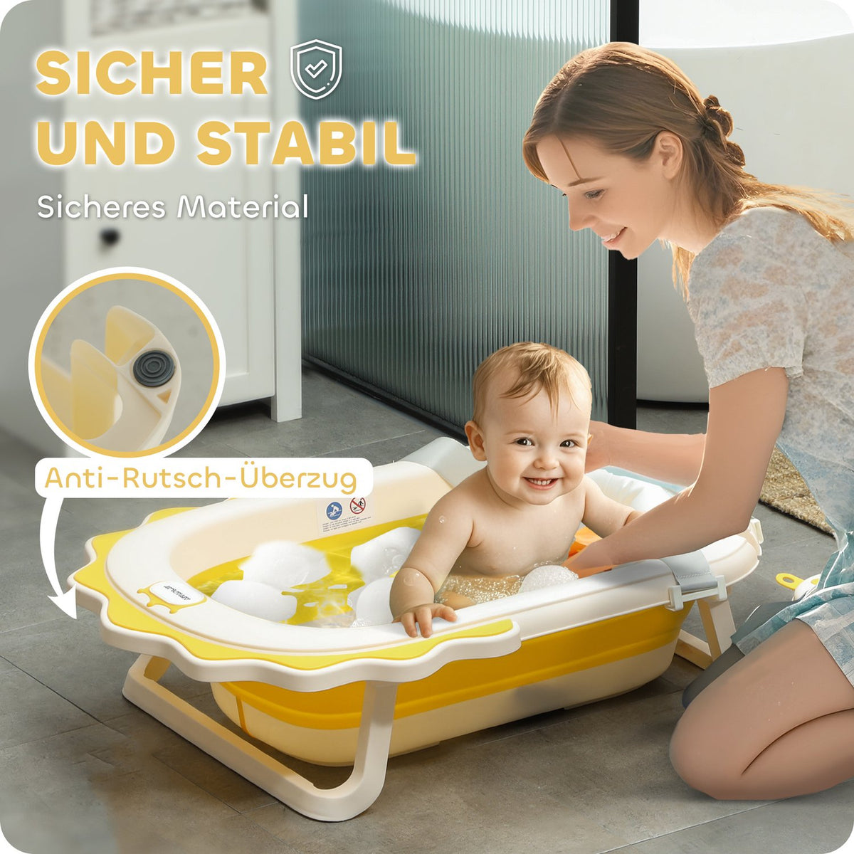 Set of 3 baby bathtubs, foldable baby bathtub with lion patterns, non-slip baby bathtub with bath cushion, bath basin, shower tray for toddlers 0-3 years, yellow