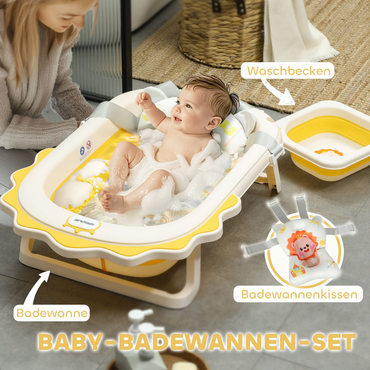 Set of 3 baby bathtubs, foldable baby bathtub with lion patterns, non-slip baby bathtub with bath cushion, bath basin, shower tray for toddlers 0-3 years, yellow