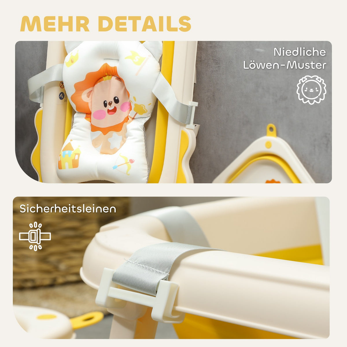 Set of 3 baby bathtubs, foldable baby bathtub with lion patterns, non-slip baby bathtub with bath cushion, bath basin, shower tray for toddlers 0-3 years, yellow