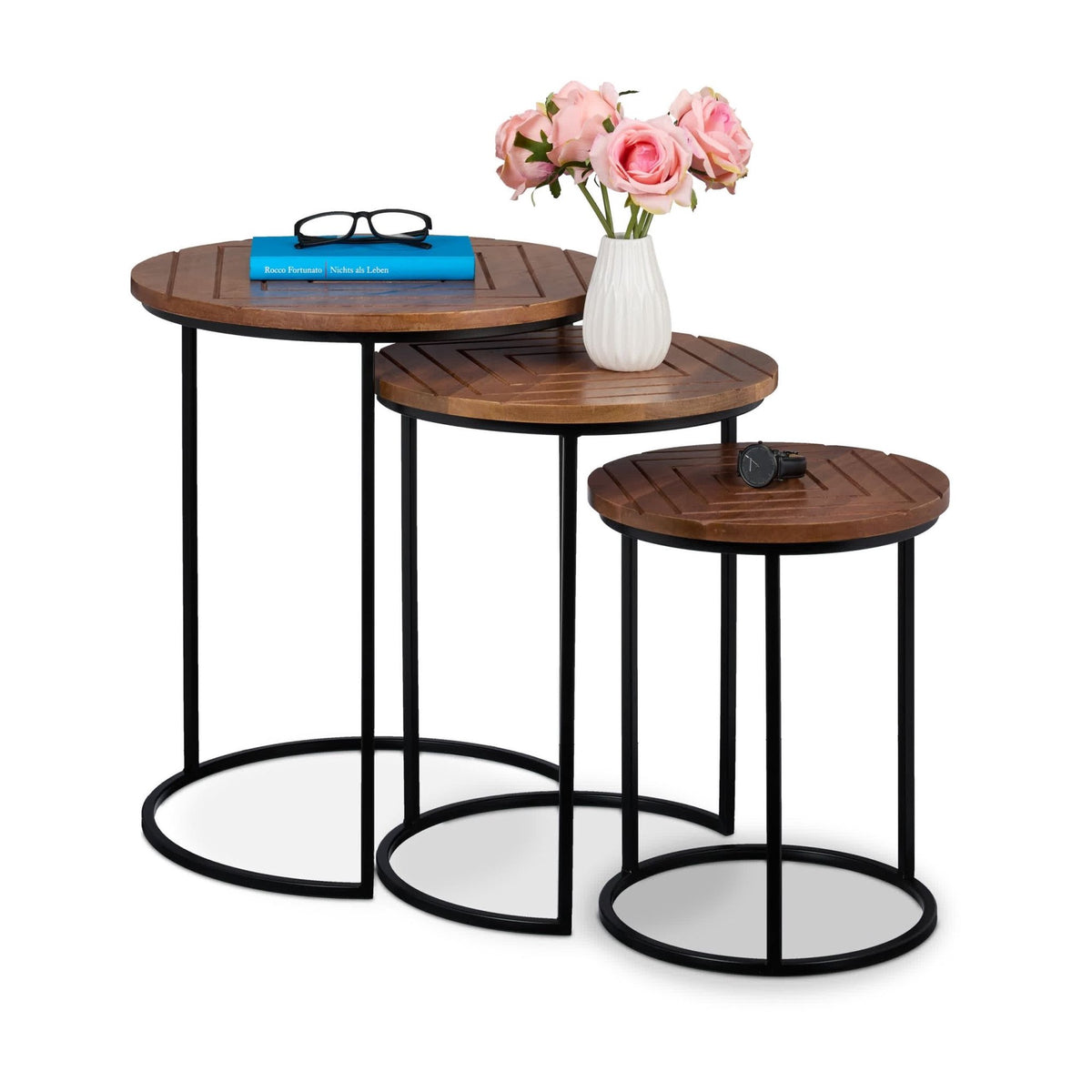 Set of 3 coffee tables in mango and metal