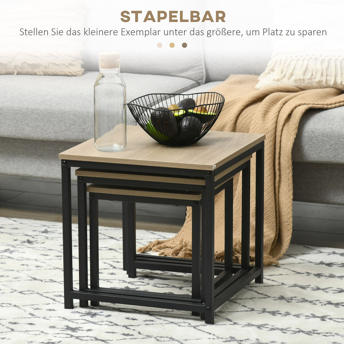 Set of 3 coffee tables, side tables, nesting tables with steel frame, sofa table, coffee table, living room table with wood look, natural