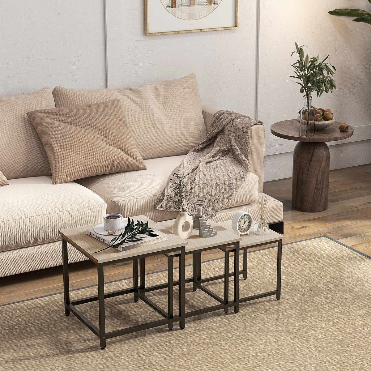 Set of 3 coffee tables, side tables, nesting tables with steel frame, sofa table, coffee table, living room table with wood look, natural