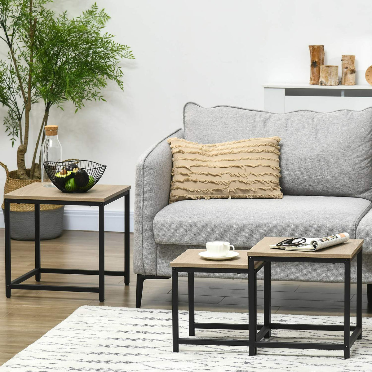 Set of 3 coffee tables, side tables, nesting tables with steel frame, sofa table, coffee table, living room table with wood look, natural