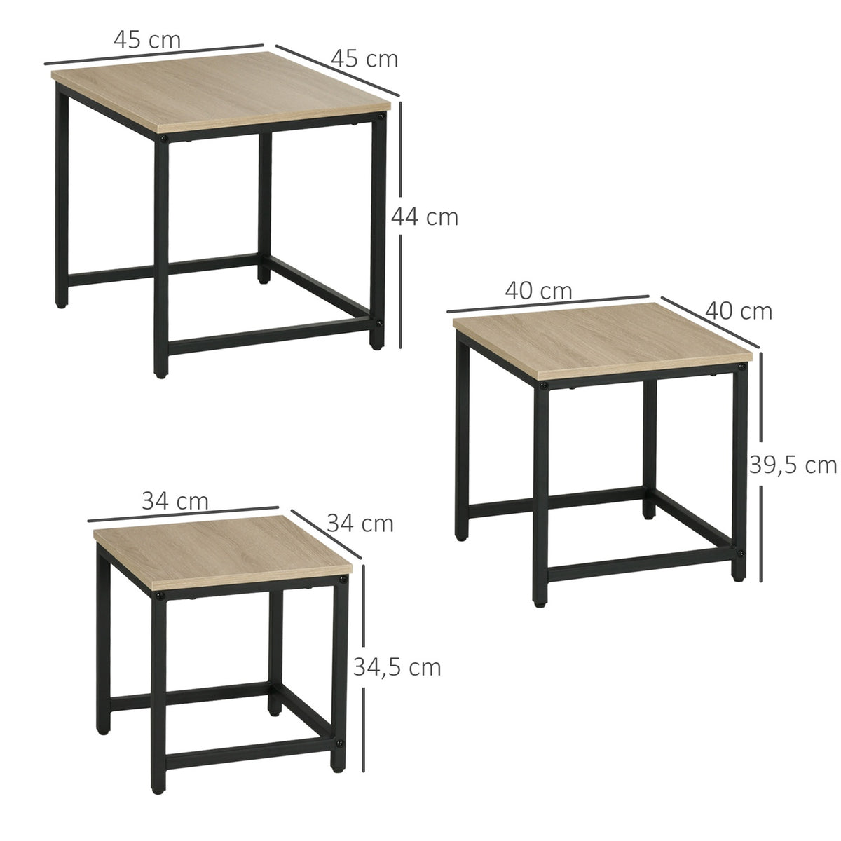 Set of 3 coffee tables, side tables, nesting tables with steel frame, sofa table, coffee table, living room table with wood look, natural