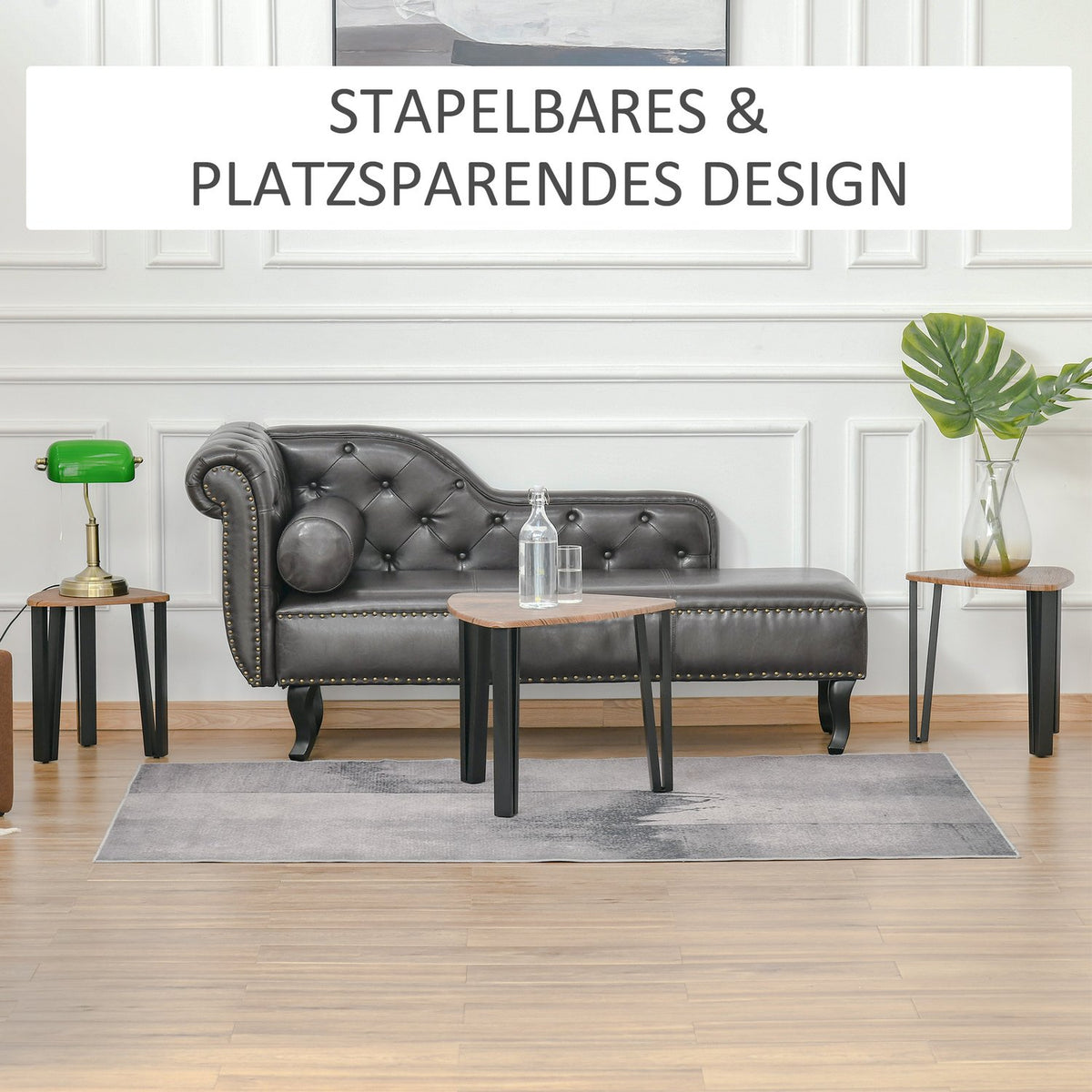 Set of 3 coffee tables, side tables, stacking tables, coffee tables, nesting tables, MDF, natural + black