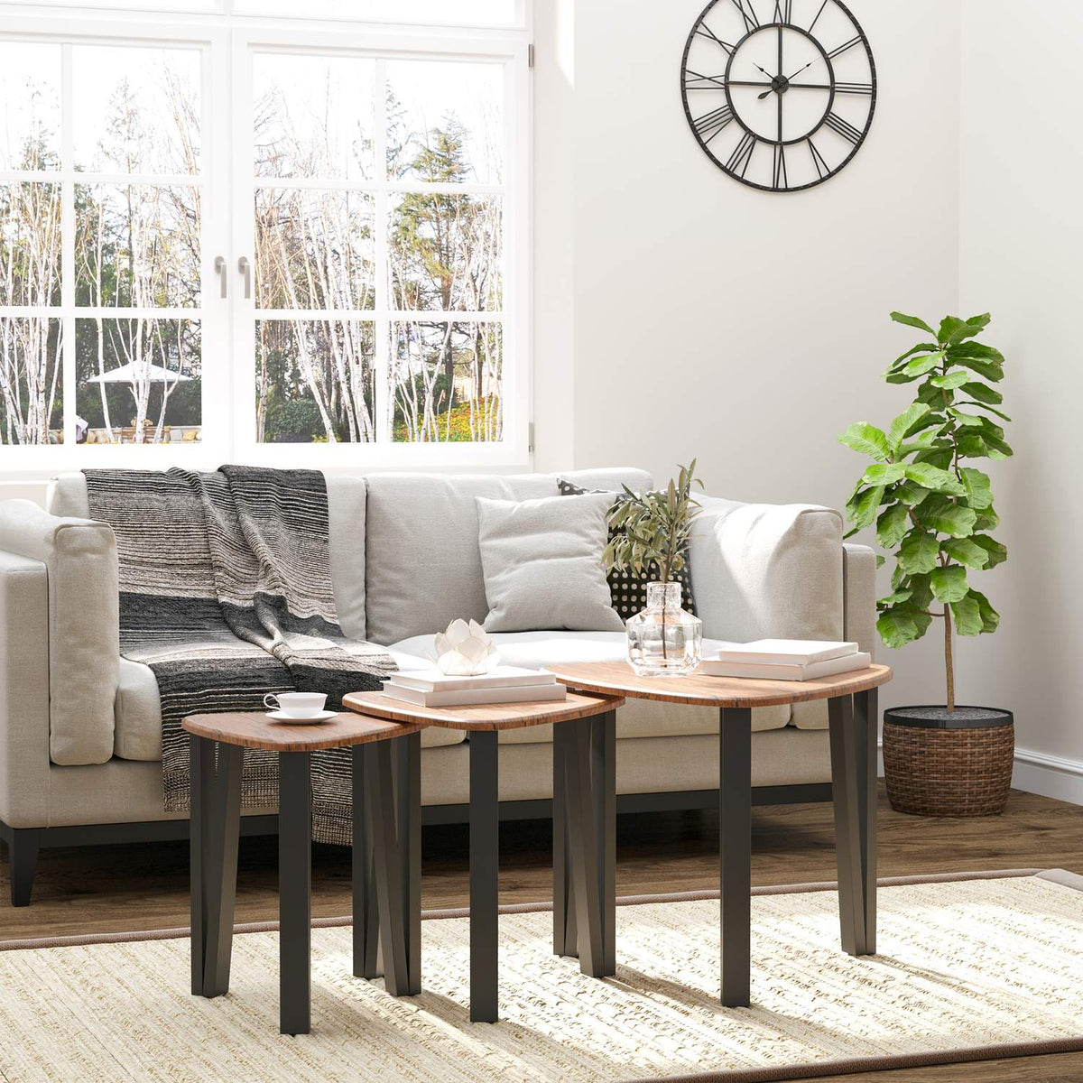 Set of 3 coffee tables, side tables, stacking tables, coffee tables, nesting tables, MDF, natural + black