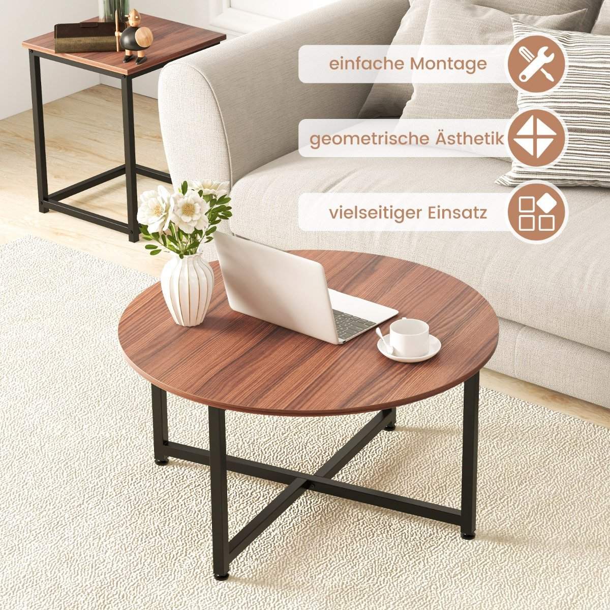 Set of 3 coffee tables with robust metal frame, round coffee table and 2 square side tables, brown