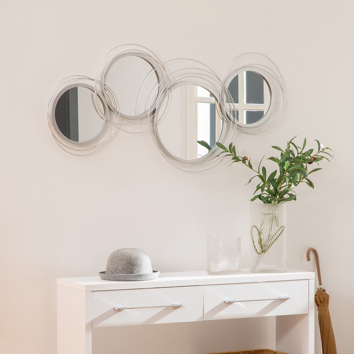 Set of 3 mirrors for wall decoration, wall decoration with 4 round mirrors, living room decoration, wall mirror, hallway mirror, wall art for living room, bedroom, metal, silver