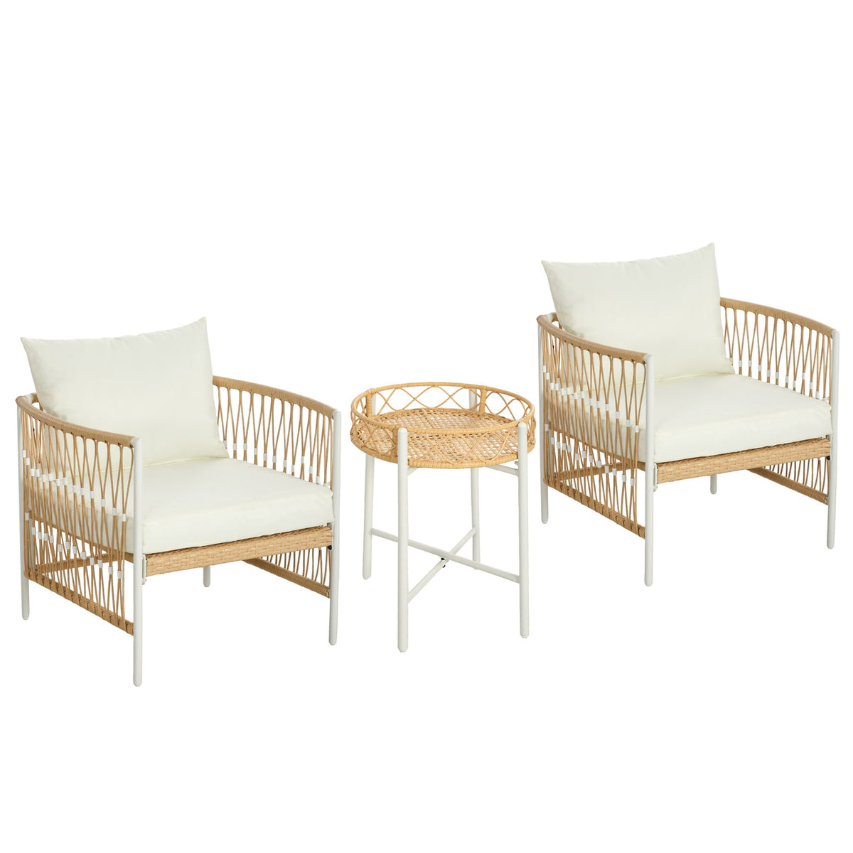 Set of 3 rattan garden furniture set with 2 garden chairs and coffee table, balcony furniture with cushions, for balcony and terrace, yellow and cream