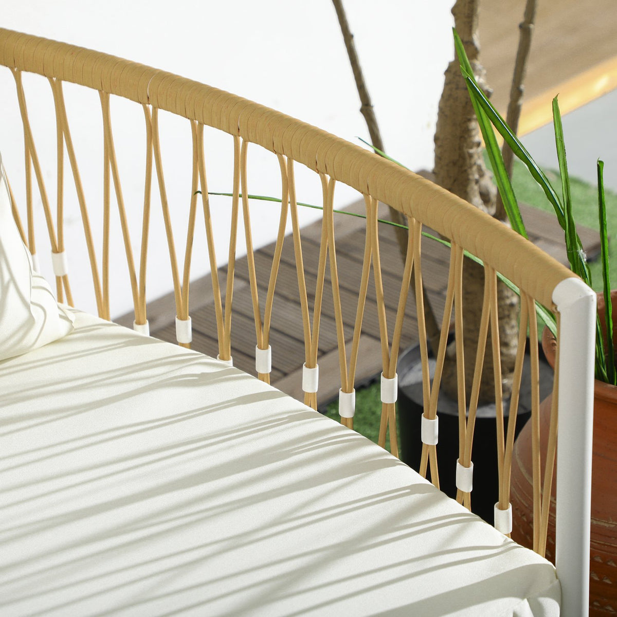 Set of 3 rattan garden furniture set with 2 garden chairs and coffee table, balcony furniture with cushions, for balcony and terrace, yellow and cream