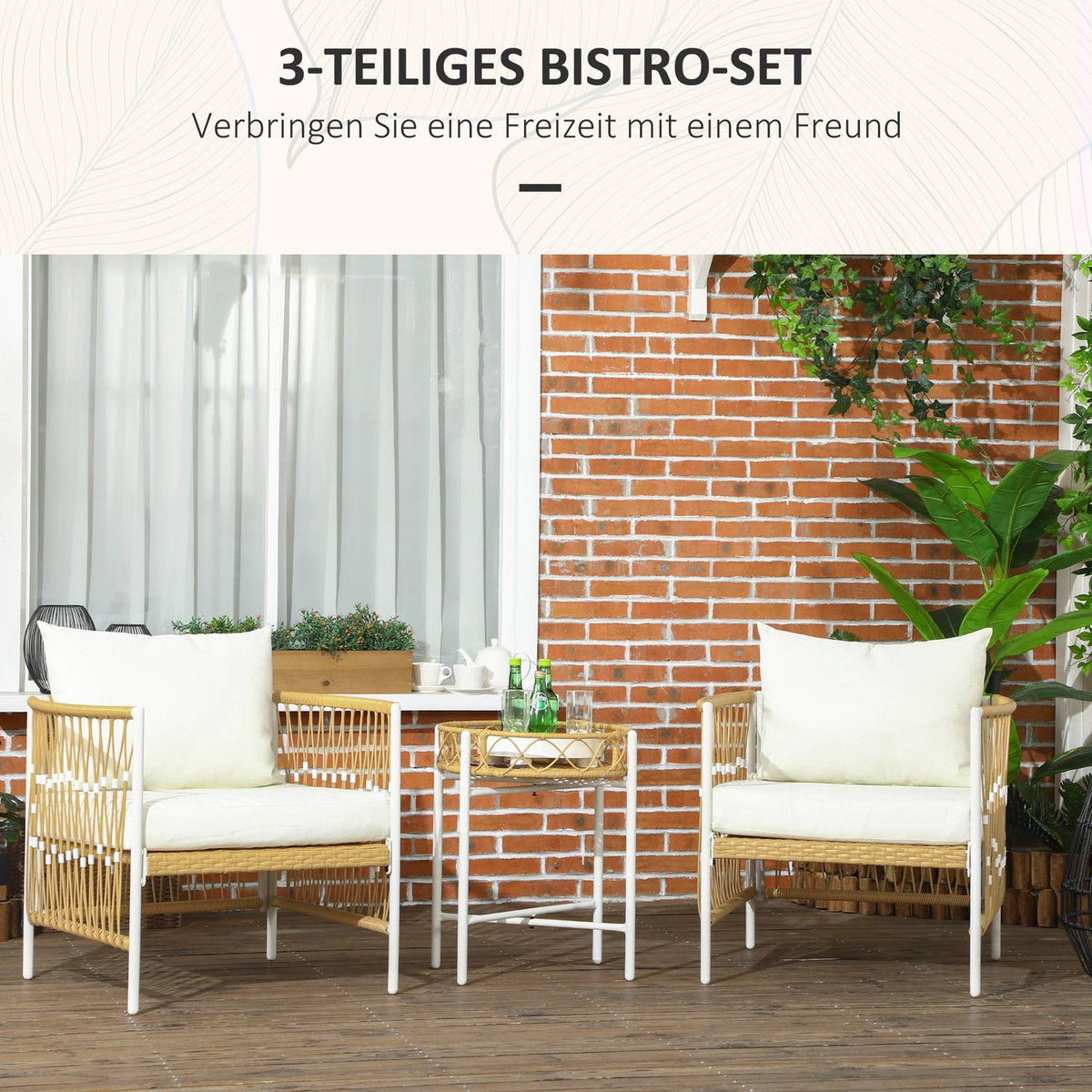 Set of 3 rattan garden furniture set with 2 garden chairs and coffee table, balcony furniture with cushions, for balcony and terrace, yellow and cream