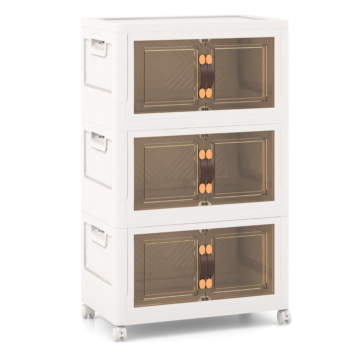 Set of 3 stackable storage boxes with lids & wheels & doors 49.5 x 31.5 x 86 cm