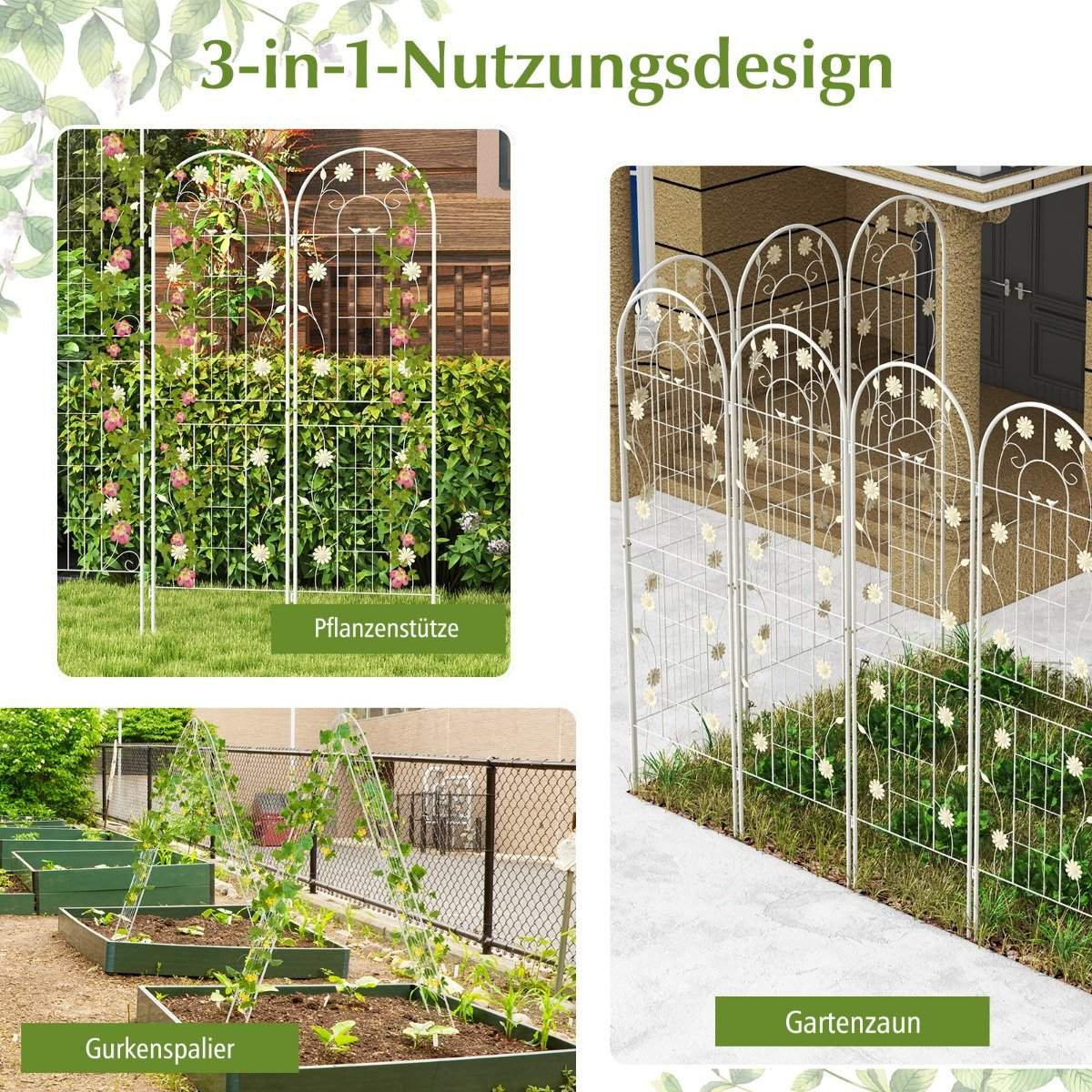 Set of 4 180 x 50 cm metal trellis for plugging in, decorative garden fence, free-standing trellis, white