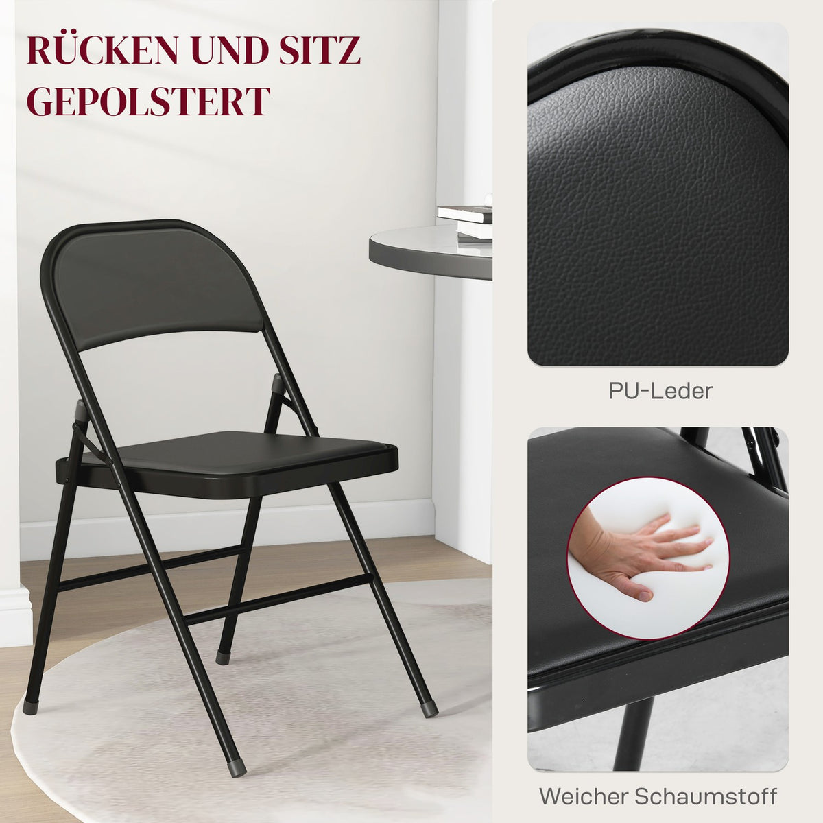 Set of 4 Folding Chairs, Portable Office Chair with Cushion, Steel Legs, Folding Chair for Office Reception Waiting Room, Faux Leather, Black