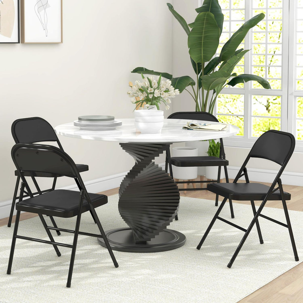 Set of 4 Folding Chairs, Portable Office Chair with Cushion, Steel Legs, Folding Chair for Office Reception Waiting Room, Faux Leather, Black