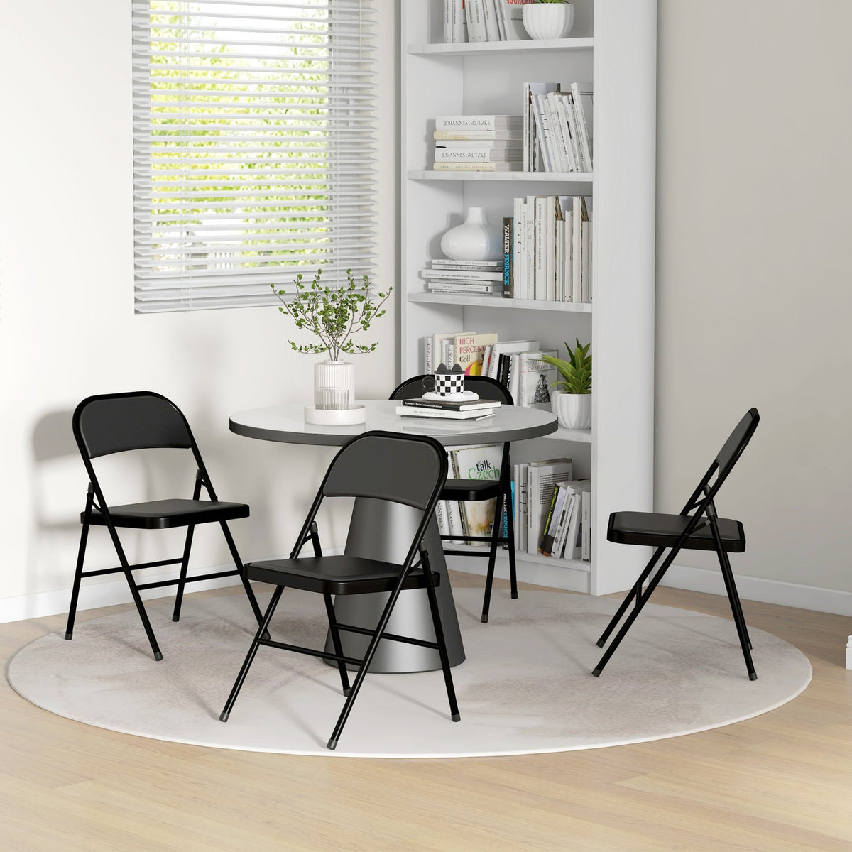 Set of 4 Folding Chairs, Portable Office Chair with Cushion, Steel Legs, Folding Chair for Office Reception Waiting Room, Faux Leather, Black