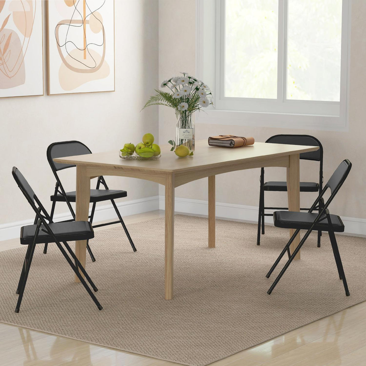 Set of 4 Folding Chairs, Portable Office Chair with Cushion, Steel Legs, Folding Chair for Office Reception Waiting Room, Faux Leather, Black