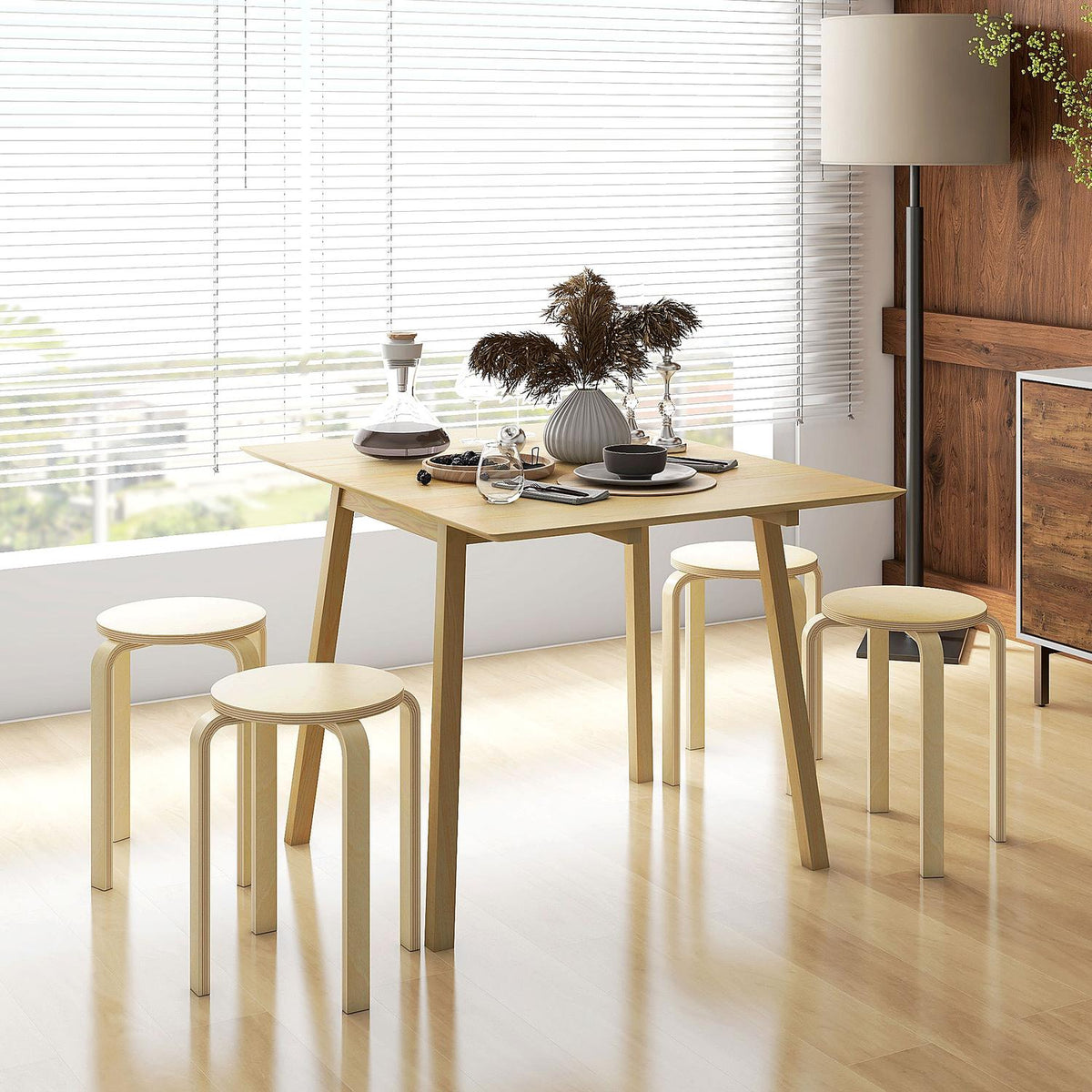 Set of 4 Stackable Stools, Dining Room Stools with Non-Slip Mat, Multifunctional Stools for Dining Room, Living Room, Natural