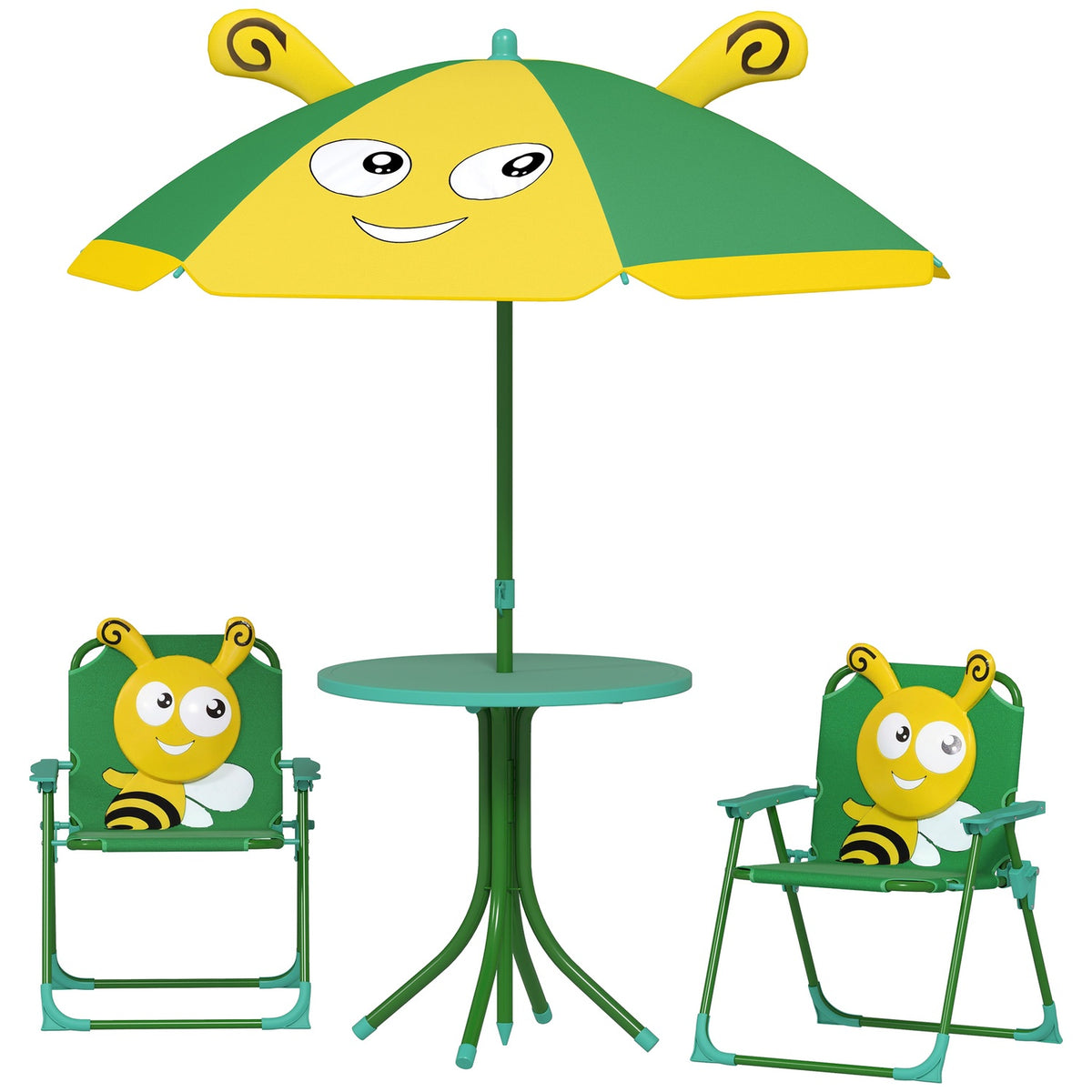 Set of 4 children's garden seating sets with 2 folding chairs, height-adjustable parasol, garden table, bee pattern for children aged 2-5, green |