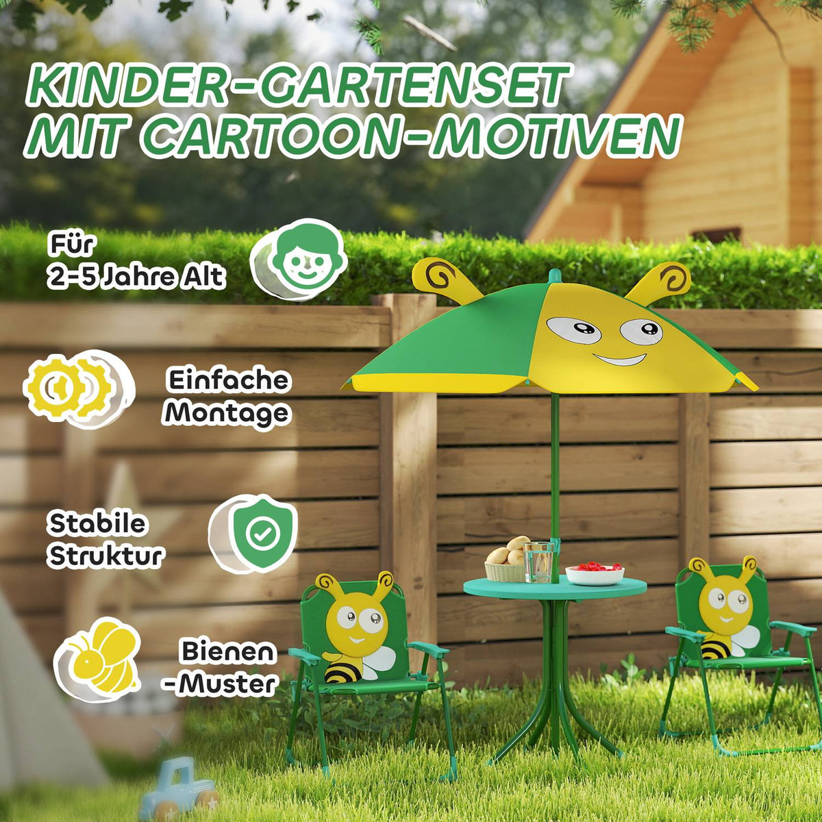 Set of 4 children's garden seating sets with 2 folding chairs, height-adjustable parasol, garden table, bee pattern for children aged 2-5, green |