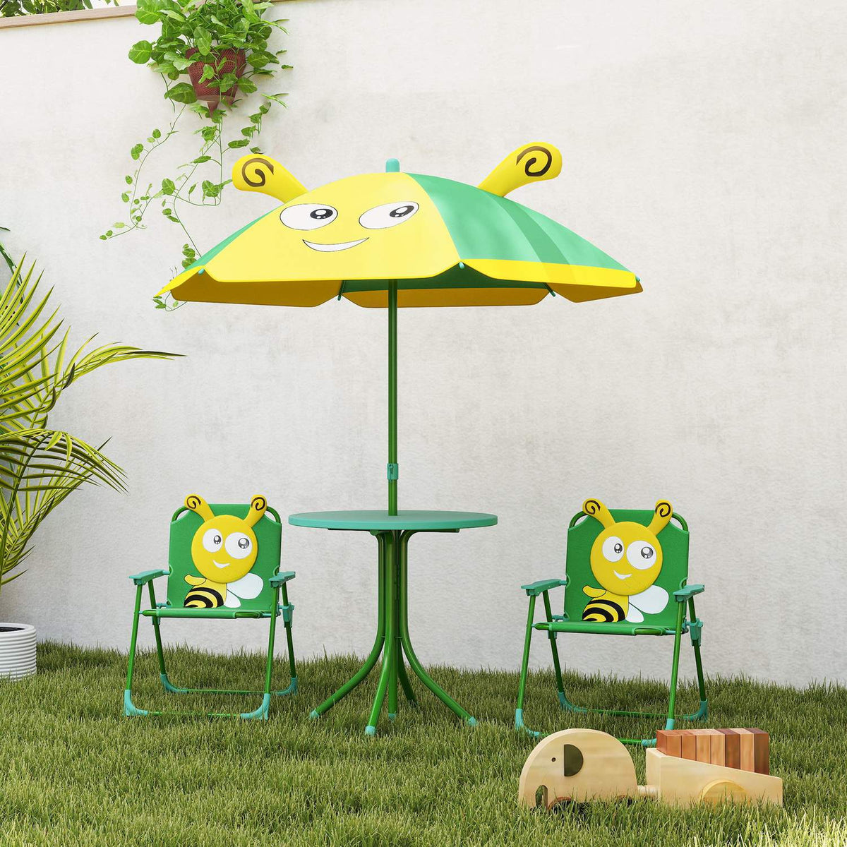 Set of 4 children's garden seating sets with 2 folding chairs, height-adjustable parasol, garden table, bee pattern for children aged 2-5, green |