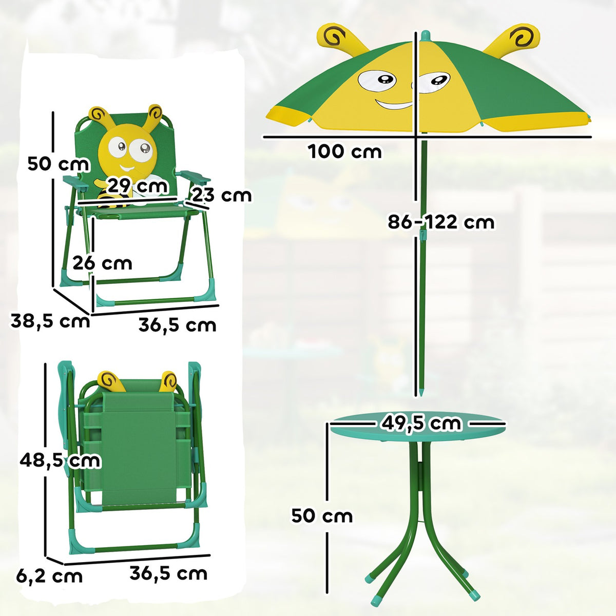 Set of 4 children's garden seating sets with 2 folding chairs, height-adjustable parasol, garden table, bee pattern for children aged 2-5, green |