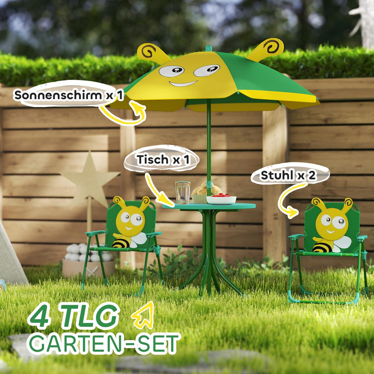 Set of 4 children's garden seating sets with 2 folding chairs, height-adjustable parasol, garden table, bee pattern for children aged 2-5, green |