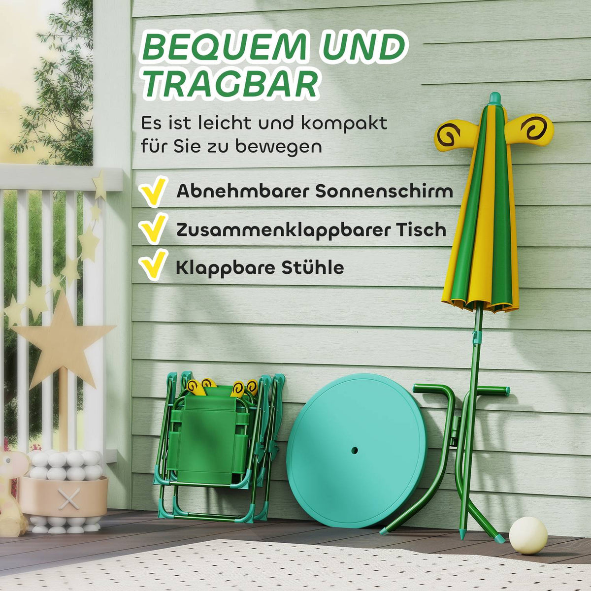 Set of 4 children's garden seating sets with 2 folding chairs, height-adjustable parasol, garden table, bee pattern for children aged 2-5, green |