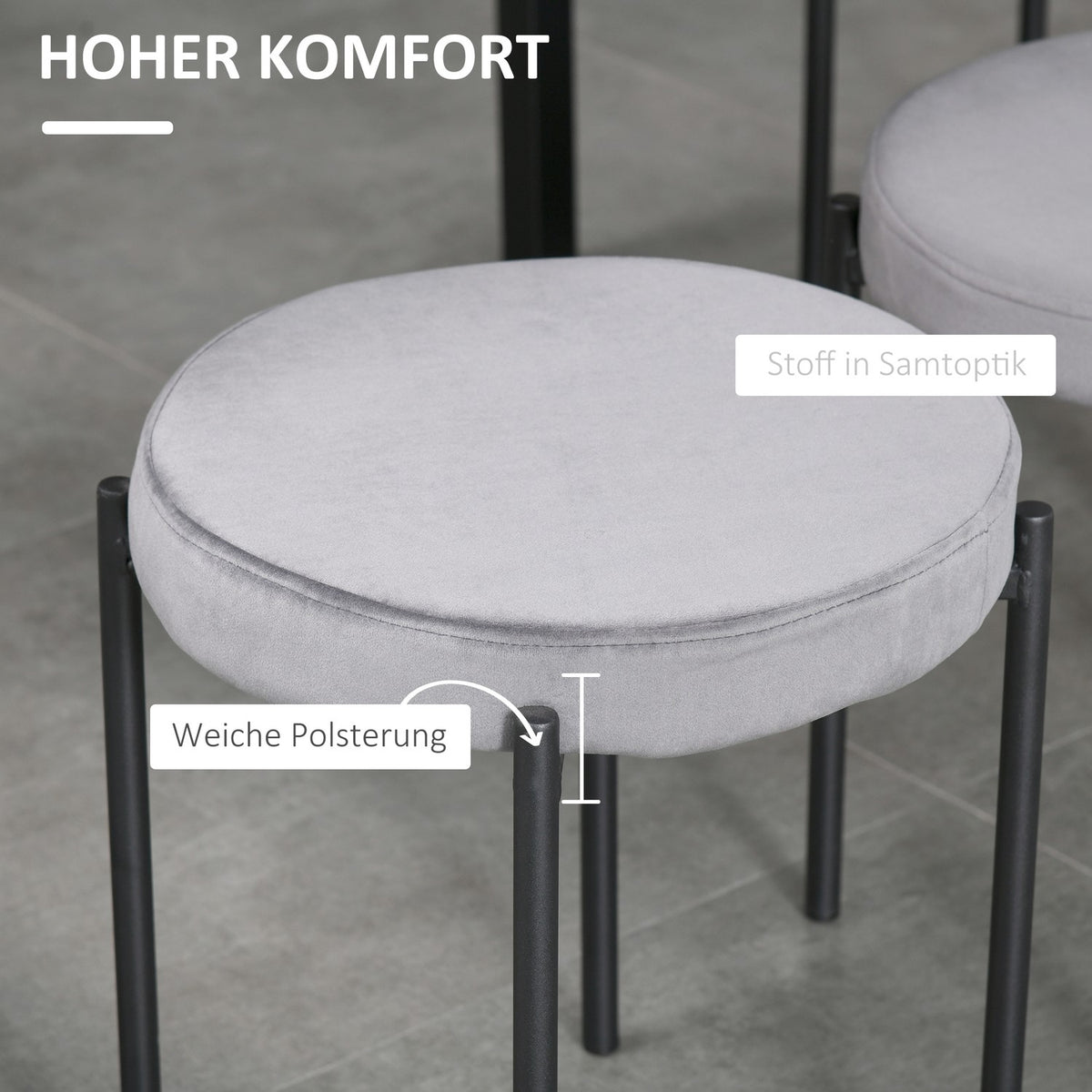 Set of 4 dining stools counter stools with padded seat round stools bar stools velvet touch polyester steel gray 41.5 x 41.5 x 46 cm