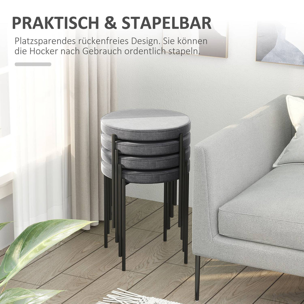 Set of 4 dining stools counter stools with padded seat round stools bar stools velvet touch polyester steel gray 41.5 x 41.5 x 46 cm