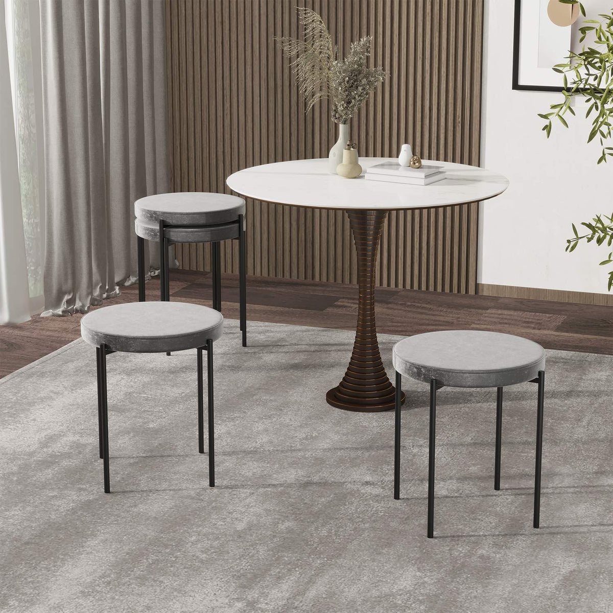 Set of 4 dining stools counter stools with padded seat round stools bar stools velvet touch polyester steel gray 41.5 x 41.5 x 46 cm