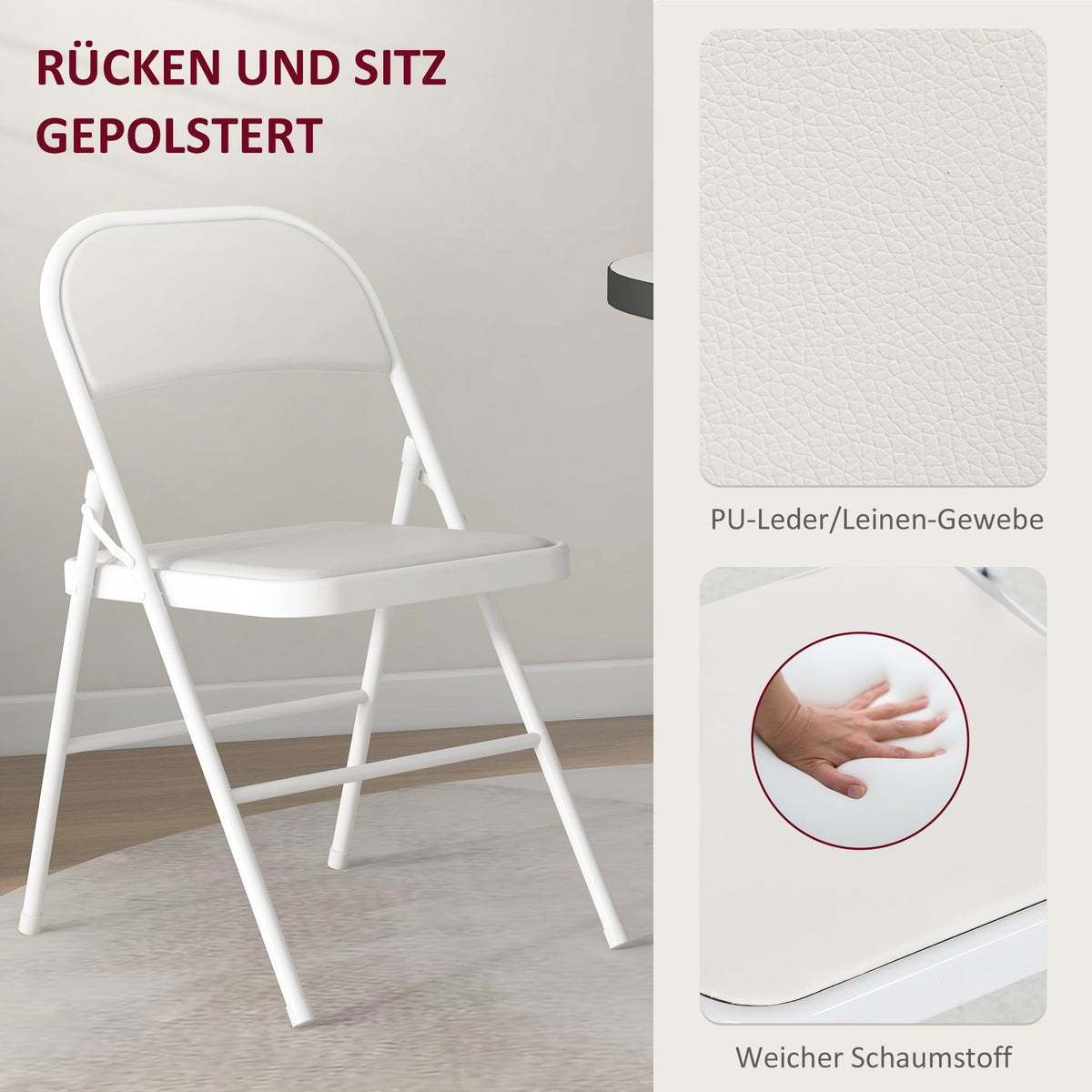 Set of 4 folding chairs, portable office chairs, metal legs, folding chair for office, reception, waiting room, faux leather, white