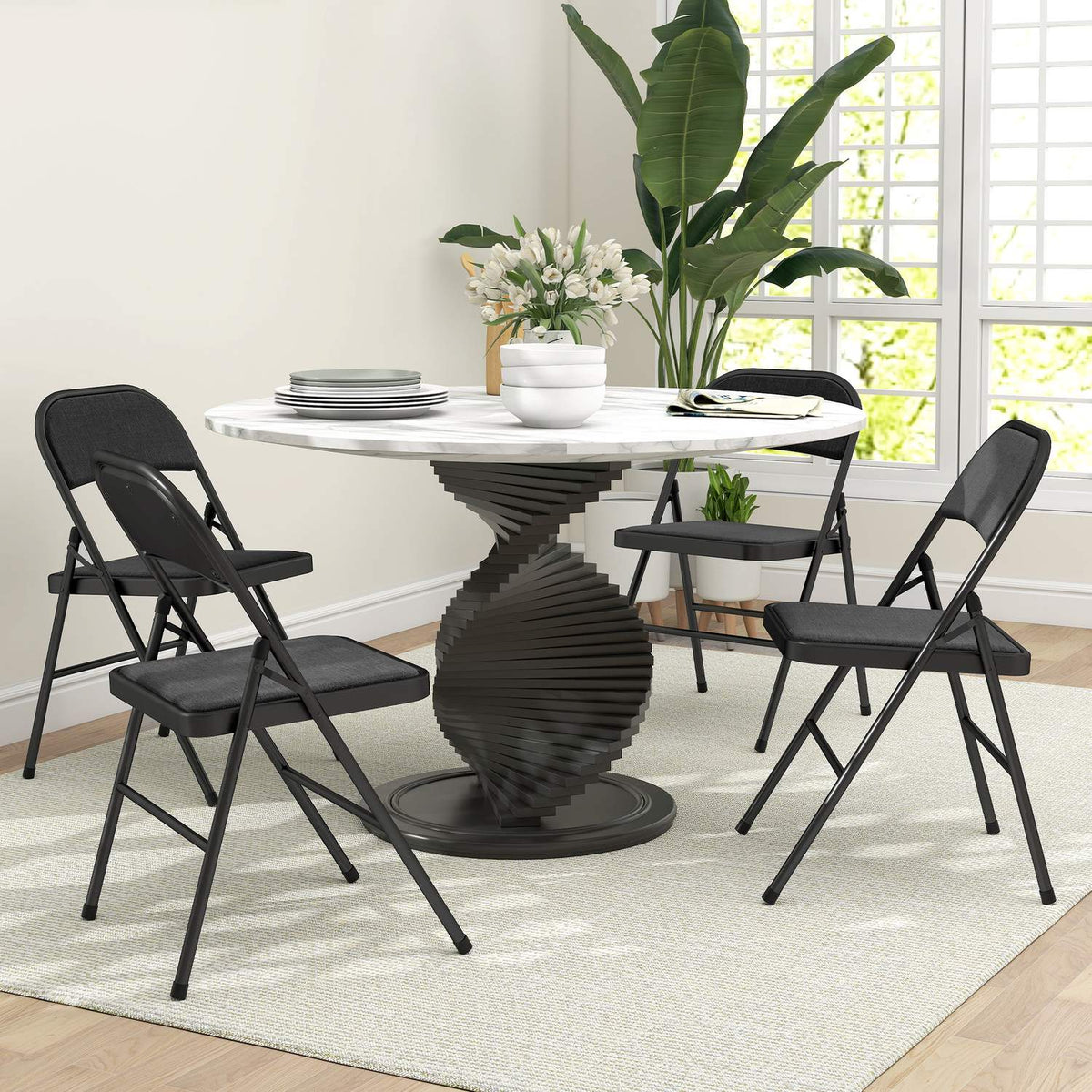 Set of 4 folding chairs, portable office chairs, metal legs, folding chair for office, reception, waiting room, linen look, black