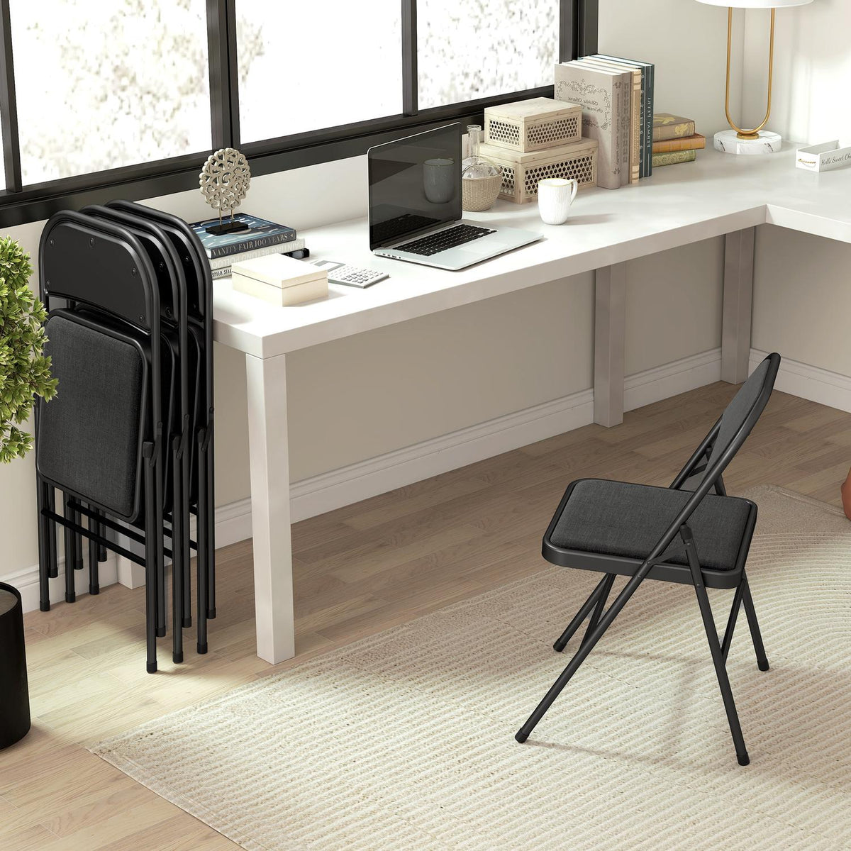 Set of 4 folding chairs, portable office chairs, metal legs, folding chair for office, reception, waiting room, linen look, black