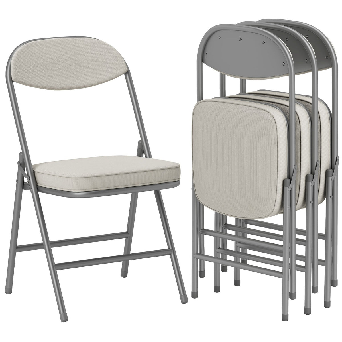 Set of 4 padded folding chairs, foldable chairs with corduroy cover, backrest, metal frame, cream white