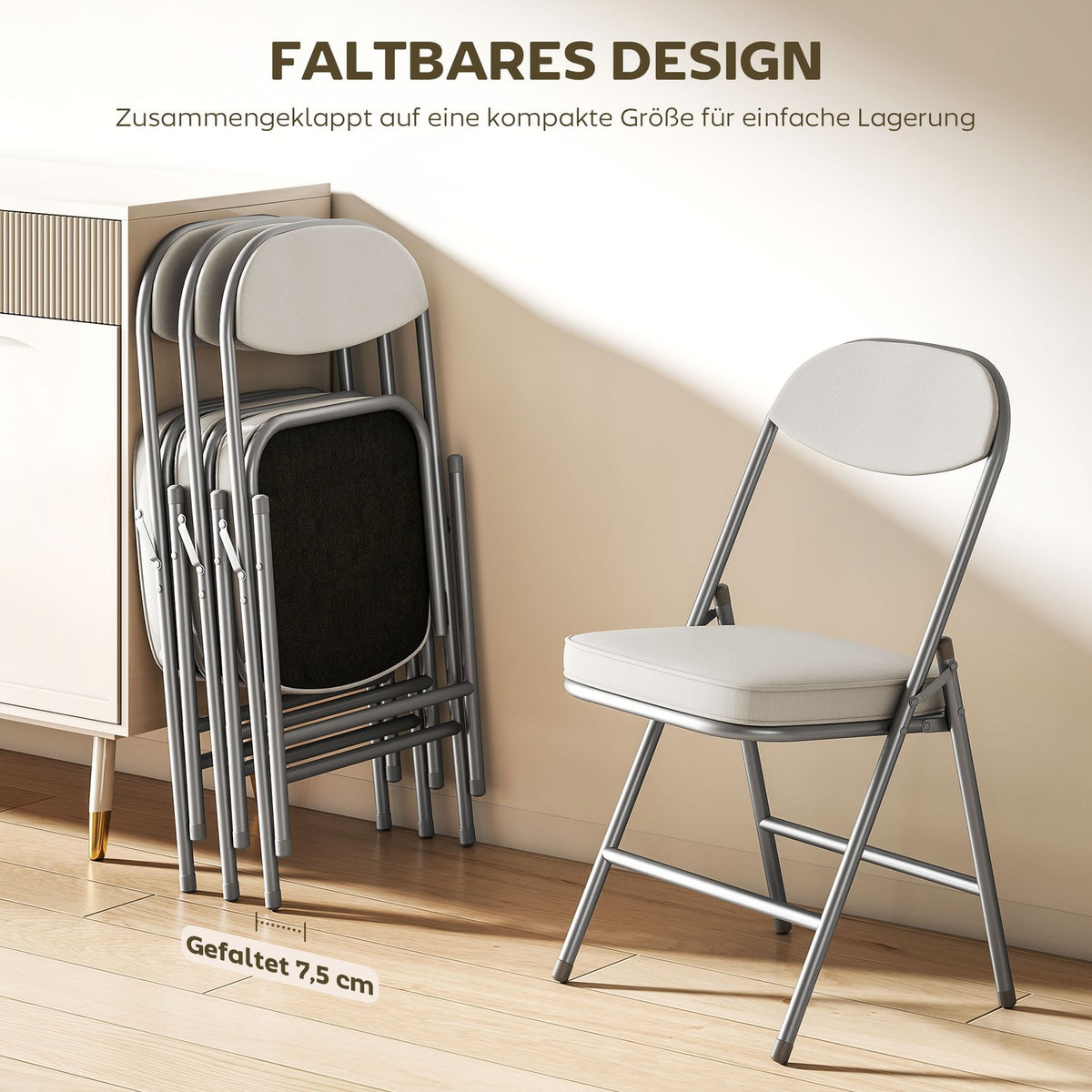 Set of 4 padded folding chairs, foldable chairs with corduroy cover, backrest, metal frame, cream white
