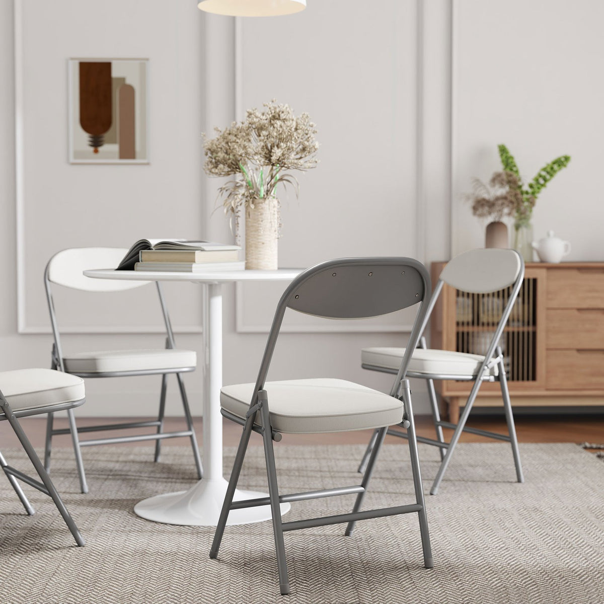 Set of 4 padded folding chairs, foldable chairs with corduroy cover, backrest, metal frame, cream white