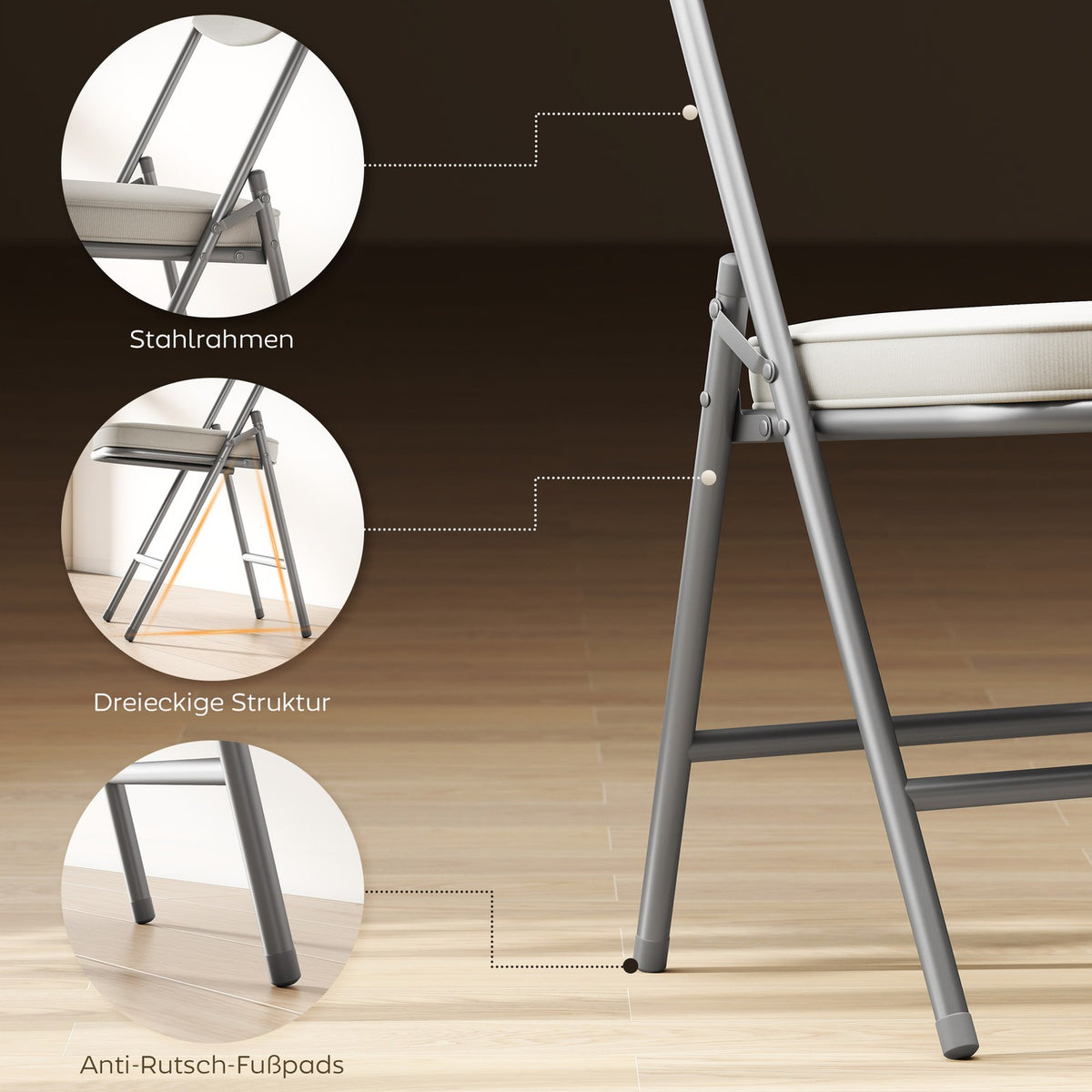 Set of 4 padded folding chairs, foldable chairs with corduroy cover, backrest, metal frame, cream white