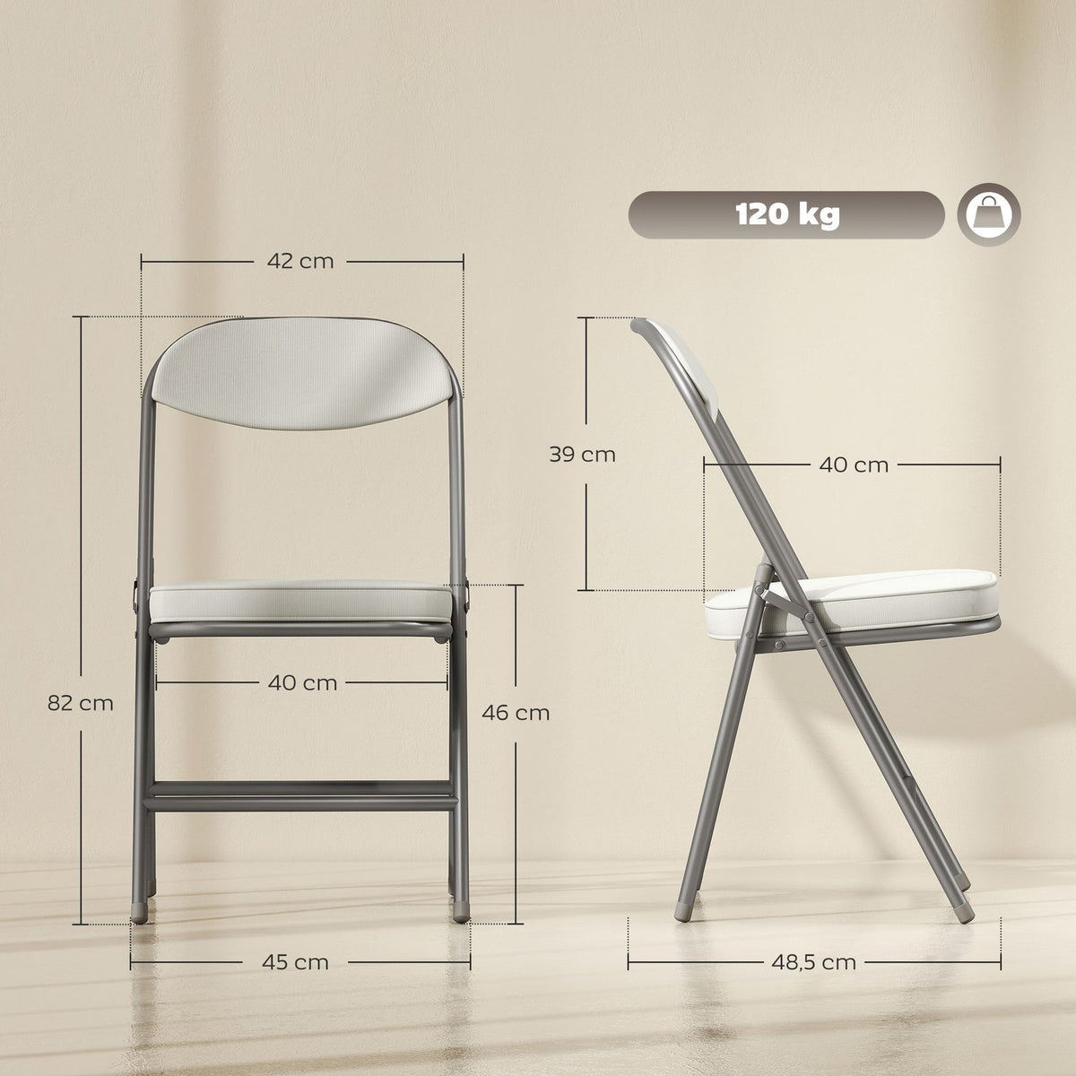 Set of 4 padded folding chairs, foldable chairs with corduroy cover, backrest, metal frame, cream white