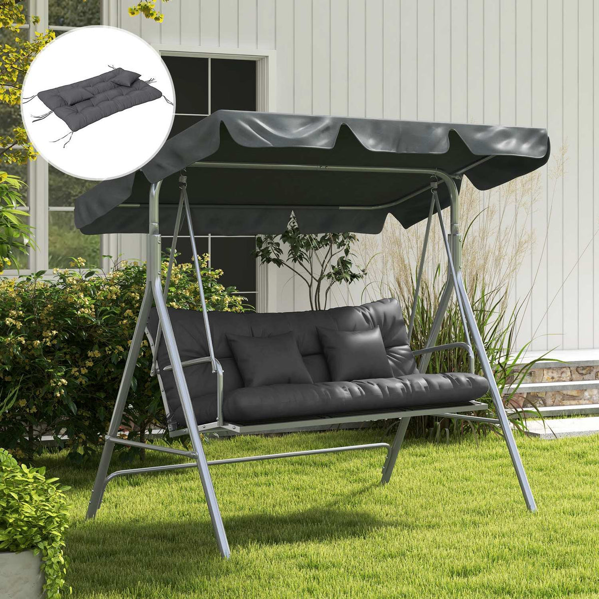 Set of 4 seat cushions, 150 x 50 cm, water-repellent chair cushions with ties, knotted design, 10 cm thick, upholstery for swing, seat cushion for home, garden, sofa, dark gray