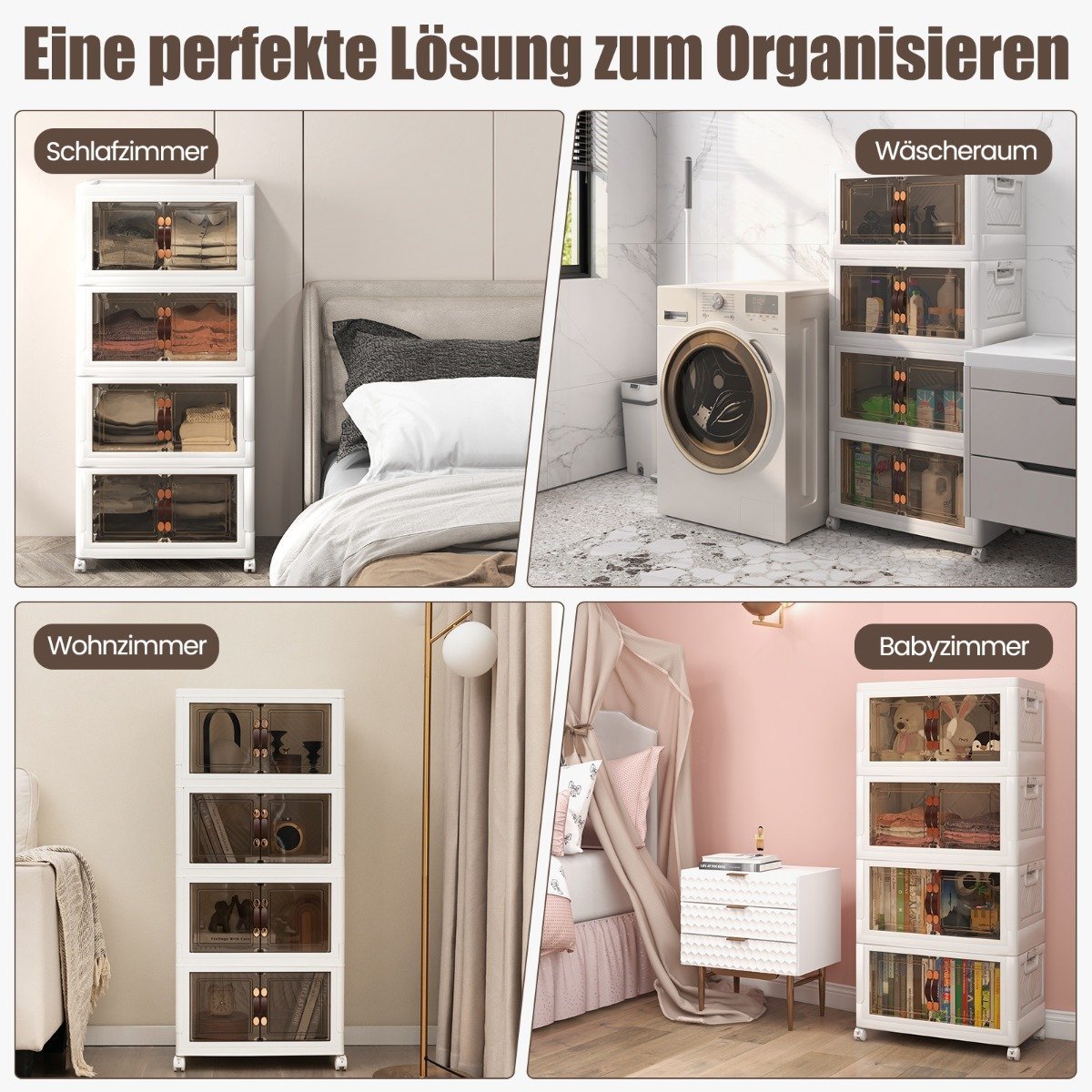 Set of 4 stackable storage boxes with lids & wheels & doors 49.5 x 31.5 x 112.5 cm