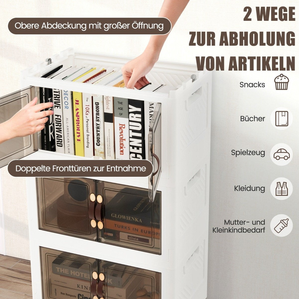Set of 4 stackable storage boxes with lids & wheels & doors 49.5 x 31.5 x 112.5 cm