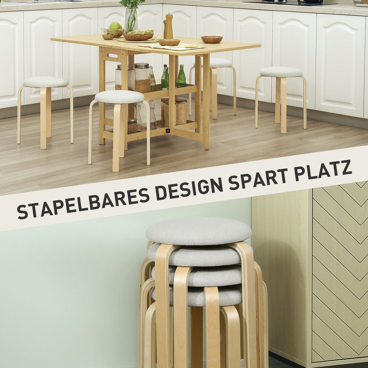 Set of 4 stackable upholstered stools, lacquered surface, wooden legs, cream white
