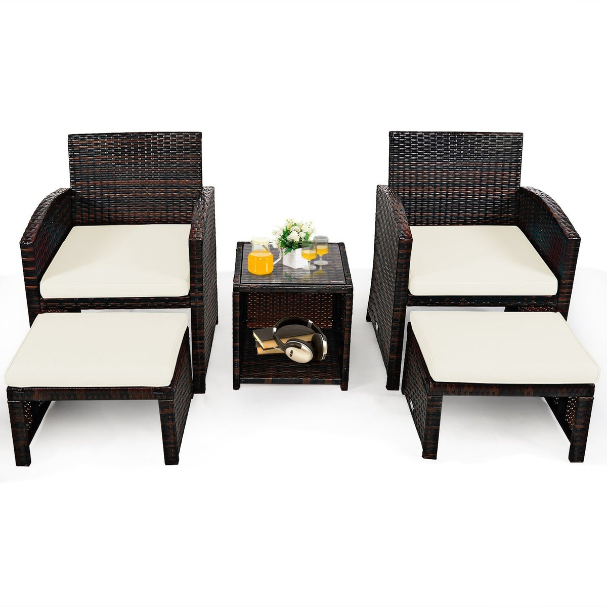 Set of 5 Rattan Set Furniture Balcony Set Garden Furniture Seating Group Brown + White