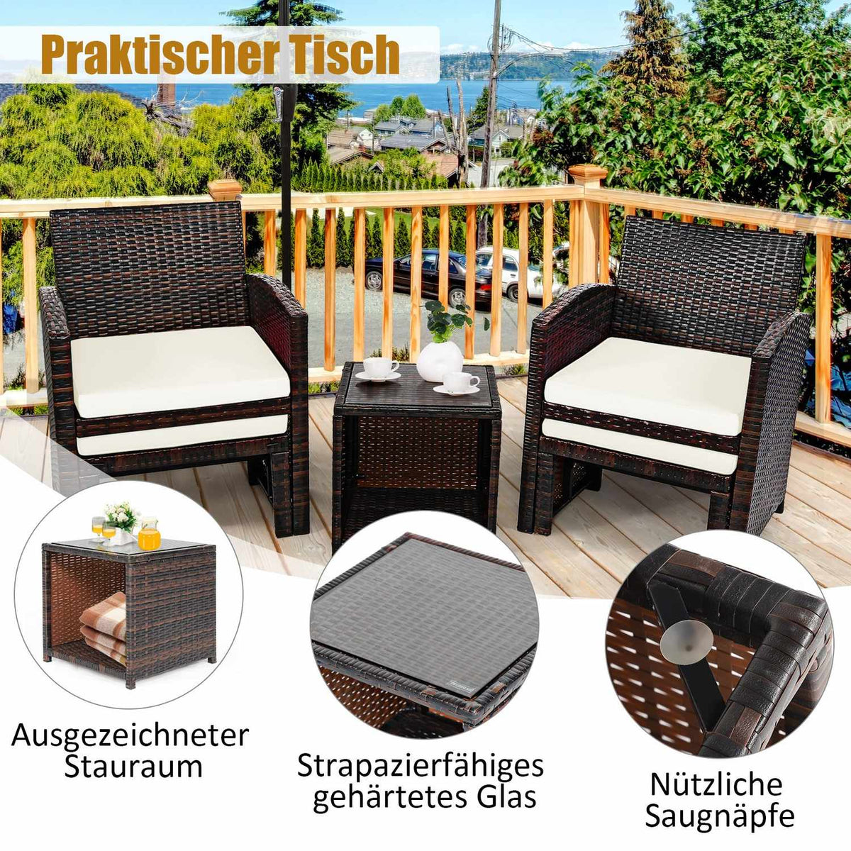 Set of 5 Rattan Set Furniture Balcony Set Garden Furniture Seating Group Brown + White