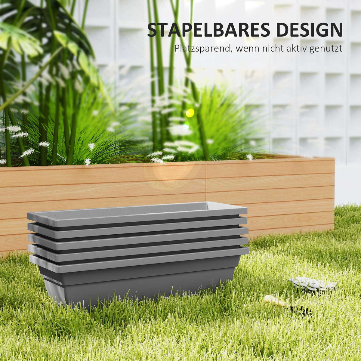 Set of 5 plastic flower pots, 59 x 21 x 16 cm stackable flower pots set, weatherproof planter, pots for indoor and outdoor use, gray