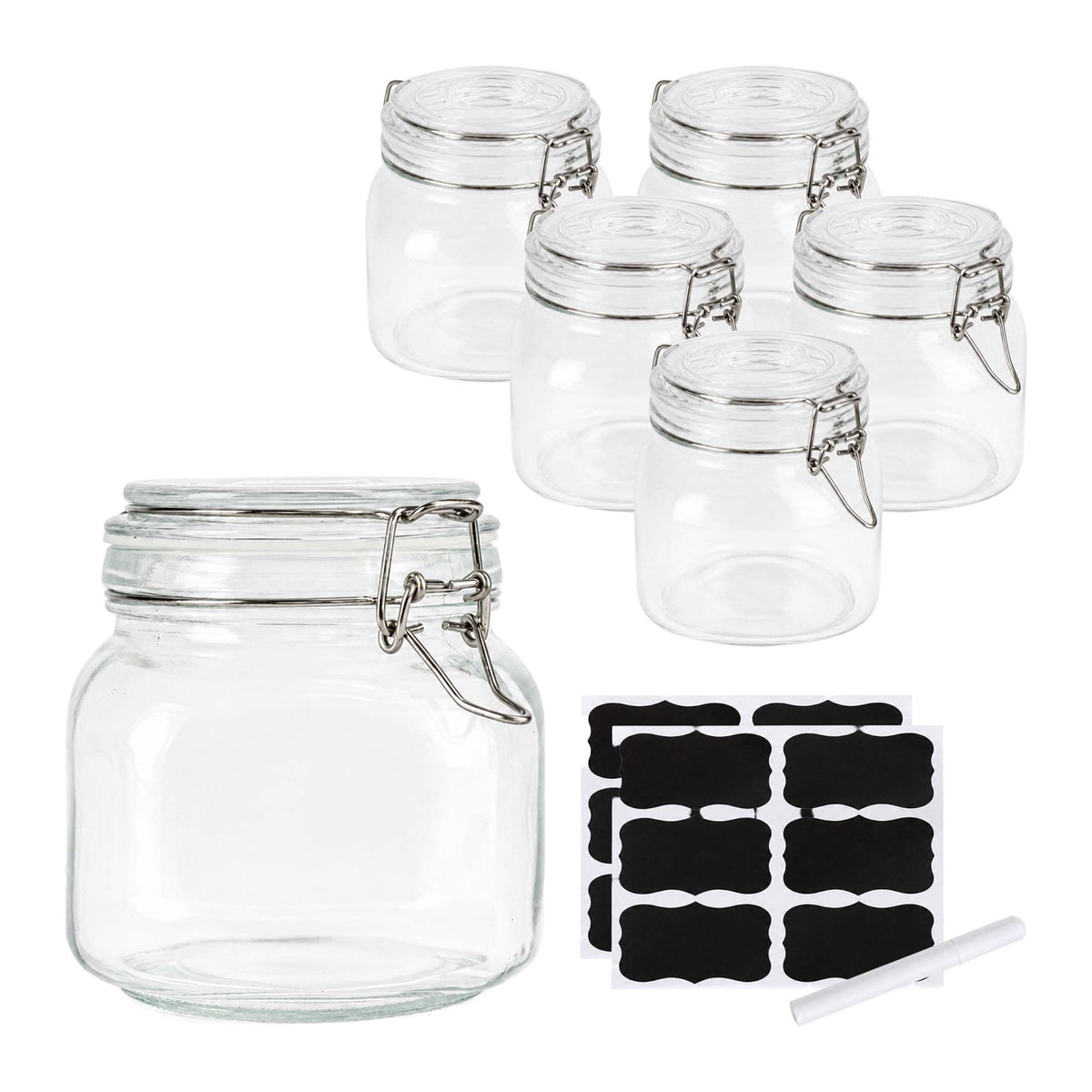 Set of 6 Glass Jam Jars with Airtight Lids, 750 ml