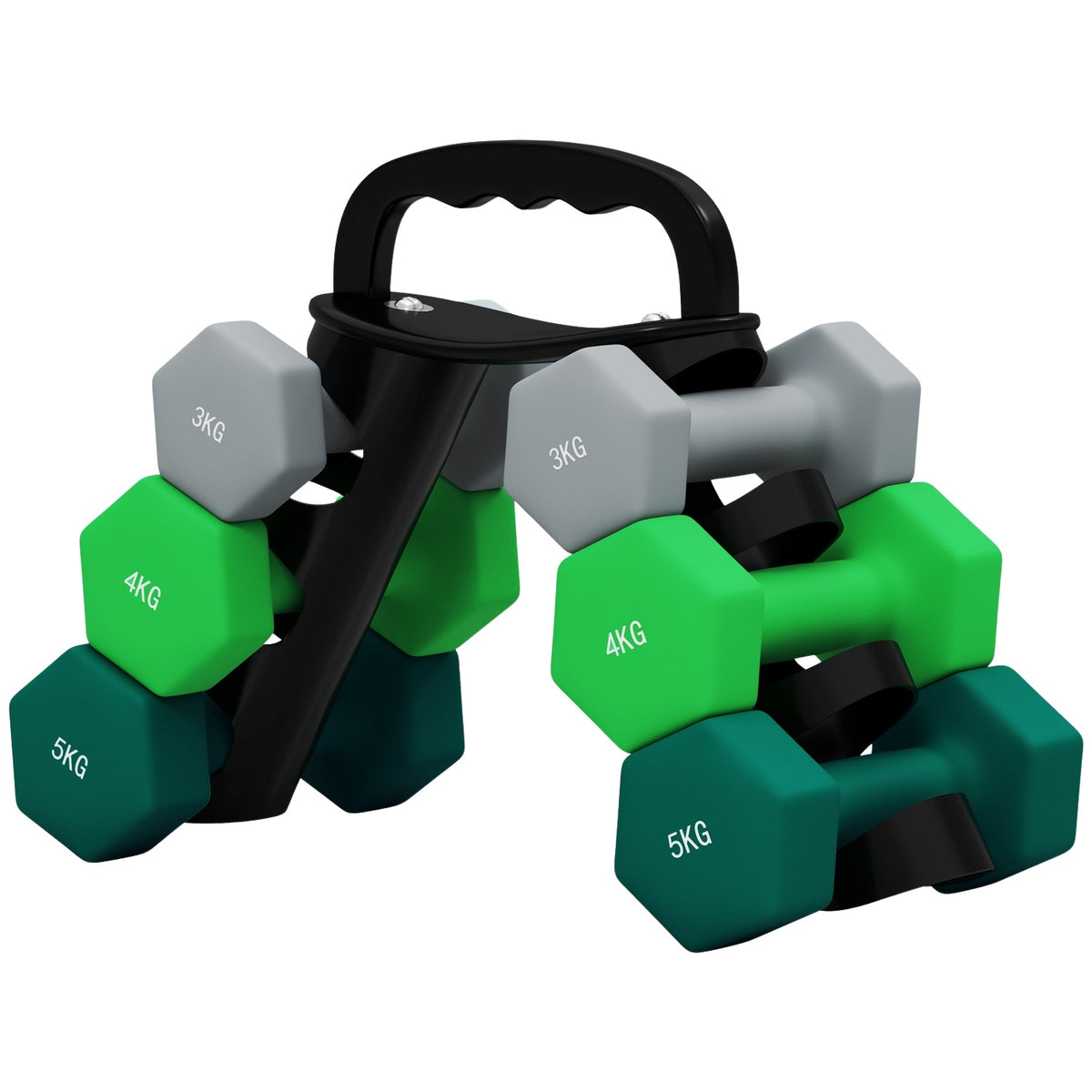 Set of 6 dumbbells 2 x 3 kg, 2 x 4 kg, 2 x 5 kg, dumbbell set with stand, hexagon dumbbell set, for strength training, fitness at home gym, grey+green+turquoise